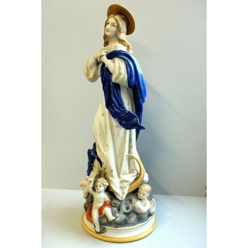 ANTICA SCULTURA CERAMICA BISCUIT MADONNA IMMACOLATA NUVOLE MEZZALUNA PUTTI '900