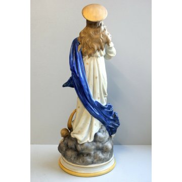 ANTICA SCULTURA CERAMICA BISCUIT MADONNA IMMACOLATA NUVOLE MEZZALUNA PUTTI '900