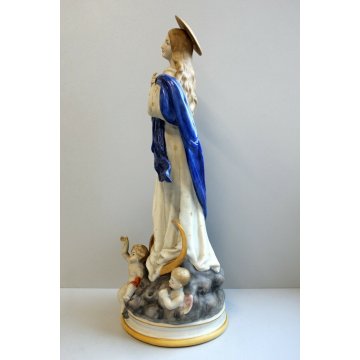 ANTICA SCULTURA CERAMICA BISCUIT MADONNA IMMACOLATA NUVOLE MEZZALUNA PUTTI '900