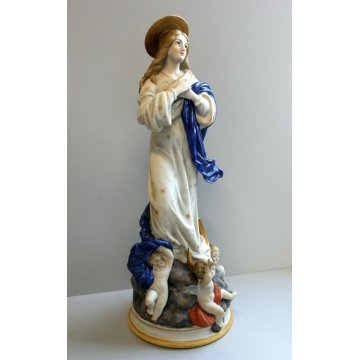 ANTICA SCULTURA CERAMICA BISCUIT MADONNA IMMACOLATA NUVOLE MEZZALUNA PUTTI '900