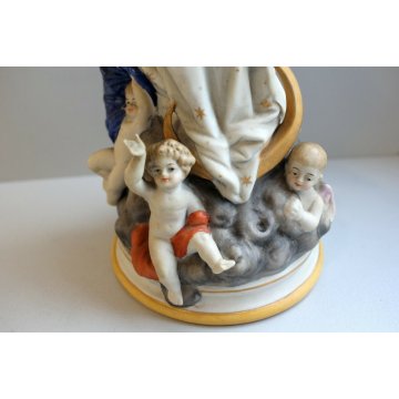 ANTICA SCULTURA CERAMICA BISCUIT MADONNA IMMACOLATA NUVOLE MEZZALUNA PUTTI '900