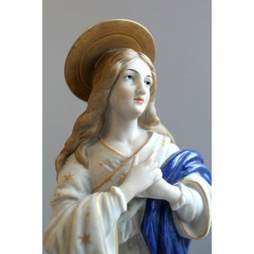 ANTICA SCULTURA CERAMICA BISCUIT MADONNA IMMACOLATA NUVOLE MEZZALUNA PUTTI '900