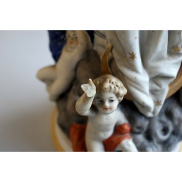 ANTICA SCULTURA CERAMICA BISCUIT MADONNA IMMACOLATA NUVOLE MEZZALUNA PUTTI '900