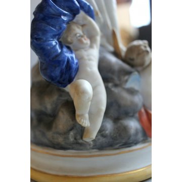 ANTICA SCULTURA CERAMICA BISCUIT MADONNA IMMACOLATA NUVOLE MEZZALUNA PUTTI '900