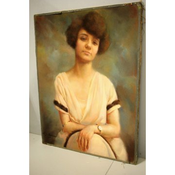 ANTICO DIPINTO PASTELLO CARTA TELA A. Beltrami RITRATTO DONNA DAMA FIGURA 1972