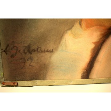 ANTICO DIPINTO PASTELLO CARTA TELA A. Beltrami RITRATTO DONNA DAMA FIGURA 1972
