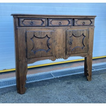 ANTICA CREDENZA RUSTICA DELLE VALLI PRIMISSIMI 1800 LEGNO LARICE GANCI PAIOLI 