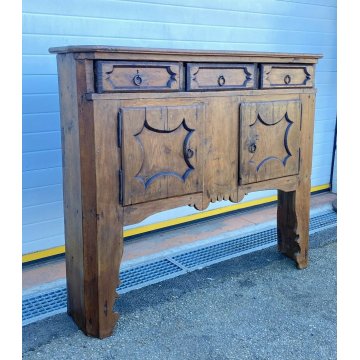 ANTICA CREDENZA RUSTICA DELLE VALLI PRIMISSIMI 1800 LEGNO LARICE GANCI PAIOLI 