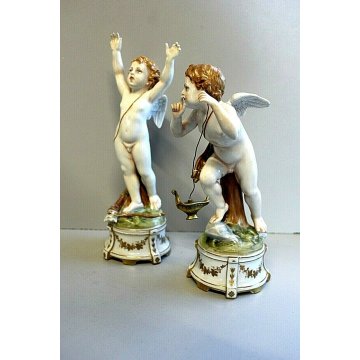 ANTICA COPPIA STATUINA PUTTI CHERUBINI AMORE ALATO ARCO FERETRA LANTERNINO '900