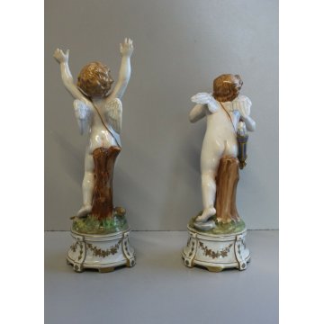 ANTICA COPPIA STATUINA PUTTI CHERUBINI AMORE ALATO ARCO FERETRA LANTERNINO '900