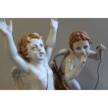 ANTICA COPPIA STATUINA PUTTI CHERUBINI AMORE ALATO ARCO FERETRA LANTERNINO '900