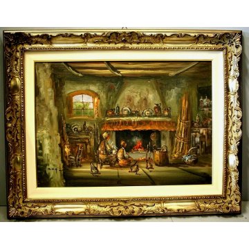 ANTICO QUADRO DIPINTO OLIO TELA Boldini SCENA INTERNO RURALE FOCOLARE CASALE 900