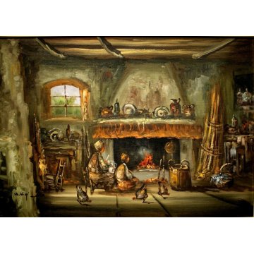ANTICO QUADRO DIPINTO OLIO TELA Boldini SCENA INTERNO RURALE FOCOLARE CASALE 900