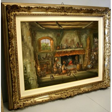 ANTICO QUADRO DIPINTO OLIO TELA Boldini SCENA INTERNO RURALE FOCOLARE CASALE 900