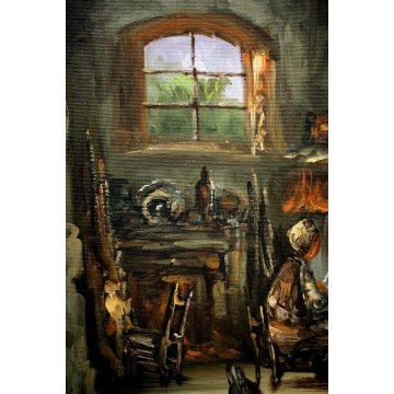 ANTICO QUADRO DIPINTO OLIO TELA Boldini SCENA INTERNO RURALE FOCOLARE CASALE 900