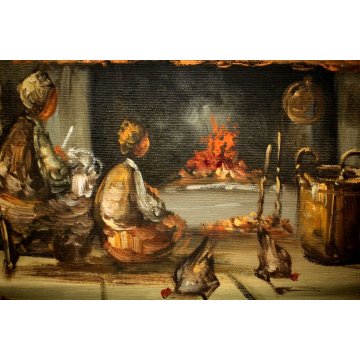 ANTICO QUADRO DIPINTO OLIO TELA Boldini SCENA INTERNO RURALE FOCOLARE CASALE 900