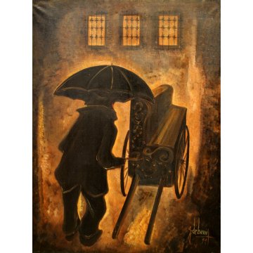ANTICO DIPINTO OLIO TELA Guido De Bonis Composizione n°1 SUONATORE AMBULANTE '58