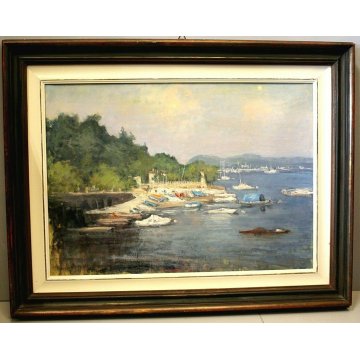 ANTICO QUADRO OLIO Augusto Serasi PAESAGGIO LAGO MAGGIORE LESA IMBARCADERO '900 