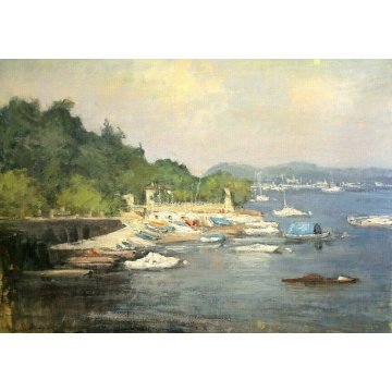 ANTICO QUADRO OLIO Augusto Serasi PAESAGGIO LAGO MAGGIORE LESA IMBARCADERO '900 
