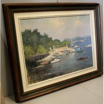 ANTICO QUADRO OLIO Augusto Serasi PAESAGGIO LAGO MAGGIORE LESA IMBARCADERO '900 