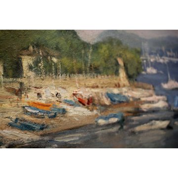 ANTICO QUADRO OLIO Augusto Serasi PAESAGGIO LAGO MAGGIORE LESA IMBARCADERO '900 
