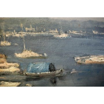 ANTICO QUADRO OLIO Augusto Serasi PAESAGGIO LAGO MAGGIORE LESA IMBARCADERO '900 
