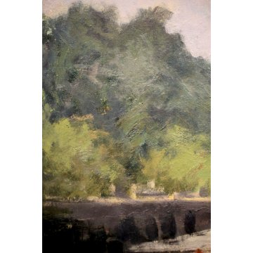 ANTICO QUADRO OLIO Augusto Serasi PAESAGGIO LAGO MAGGIORE LESA IMBARCADERO '900 