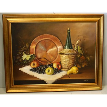 ANTICO QUADRO OLIO TELA Botasso NATURA MORTA FRUTTA PIATTO RAME FIASCO 