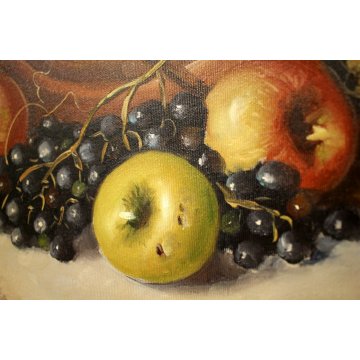 ANTICO QUADRO OLIO TELA Botasso NATURA MORTA FRUTTA PIATTO RAME FIASCO 