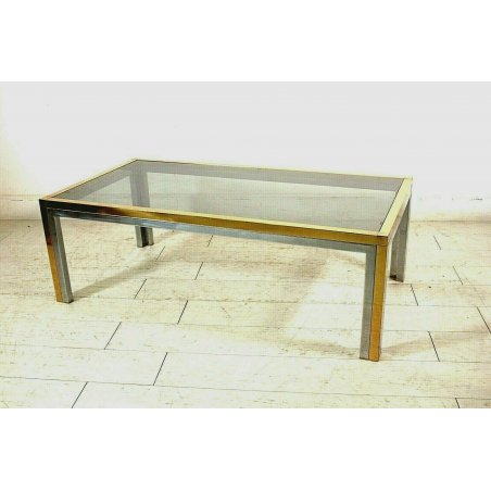 TAVOLO VINTAGE DESIGN 70s VETRO ACCIAIO CROMATO OTTONE OCCASIONAL LOW TABLE 