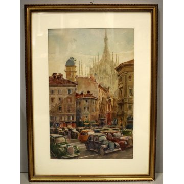 QUADRO DISEGNO ACQUERELLO ANTICA VEDUTA Duomo Milano CITTA' PRIMO '900