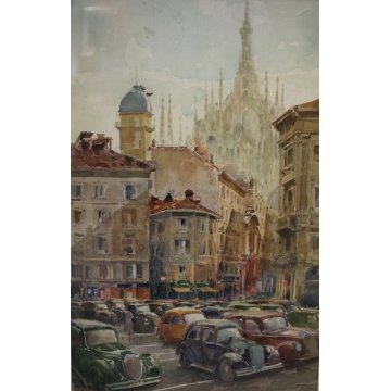 QUADRO DISEGNO ACQUERELLO ANTICA VEDUTA Duomo Milano CITTA' PRIMO '900
