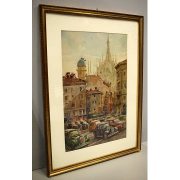 QUADRO DISEGNO ACQUERELLO ANTICA VEDUTA Duomo Milano CITTA' PRIMO '900