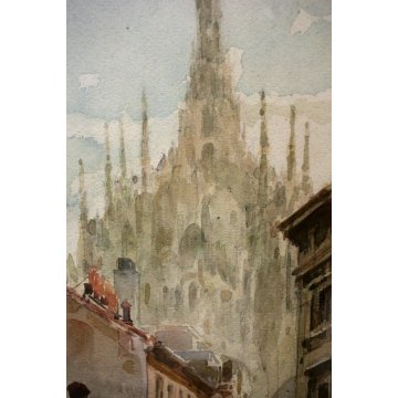 QUADRO DISEGNO ACQUERELLO ANTICA VEDUTA Duomo Milano CITTA' PRIMO '900