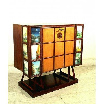 MOBILE BAR Midcentury INTERNO ILLUMINATO SPECCHIETTI DECORO ESTERNO ACQUERELLI