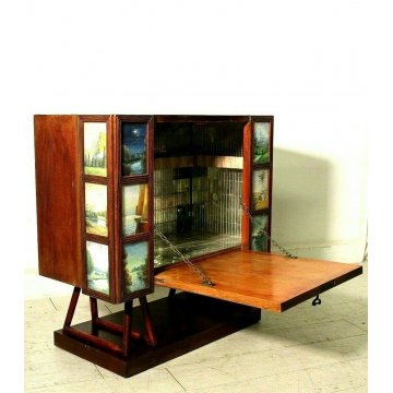 MOBILE BAR Midcentury INTERNO ILLUMINATO SPECCHIETTI DECORO ESTERNO ACQUERELLI