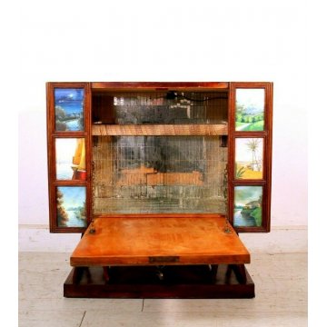 MOBILE BAR Midcentury INTERNO ILLUMINATO SPECCHIETTI DECORO ESTERNO ACQUERELLI
