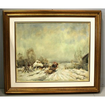 ANTICO QUADRO OLIO Ivan Karpoff PAESAGGIO CAMPAGNA LOMBARDA CARRO CAVALLO NEVE