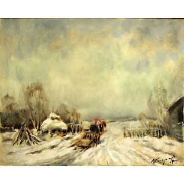 ANTICO QUADRO OLIO Ivan Karpoff PAESAGGIO CAMPAGNA LOMBARDA CARRO CAVALLO NEVE
