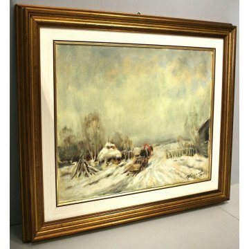 ANTICO QUADRO OLIO Ivan Karpoff PAESAGGIO CAMPAGNA LOMBARDA CARRO CAVALLO NEVE