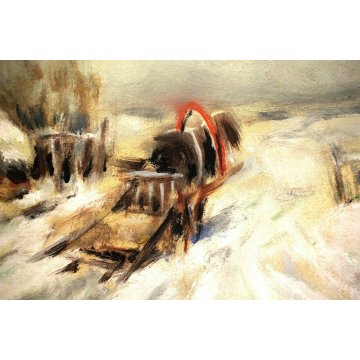 ANTICO QUADRO OLIO Ivan Karpoff PAESAGGIO CAMPAGNA LOMBARDA CARRO CAVALLO NEVE
