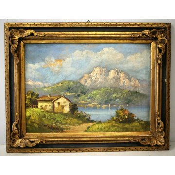 ANTICO QUADRO DIPINTO OLIO PAESAGGIO MONTAGNA LAGO CASALE MACCHIAIOLO CORNICE