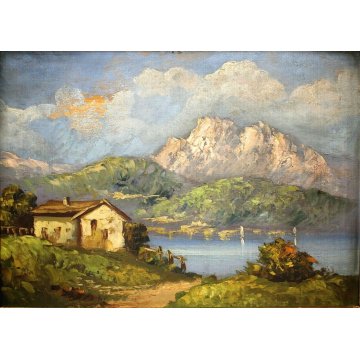 ANTICO QUADRO DIPINTO OLIO PAESAGGIO MONTAGNA LAGO CASALE MACCHIAIOLO CORNICE