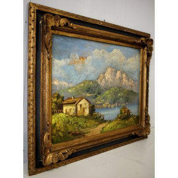 ANTICO QUADRO DIPINTO OLIO PAESAGGIO MONTAGNA LAGO CASALE MACCHIAIOLO CORNICE