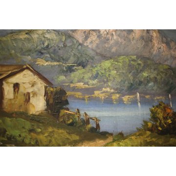 ANTICO QUADRO DIPINTO OLIO PAESAGGIO MONTAGNA LAGO CASALE MACCHIAIOLO CORNICE