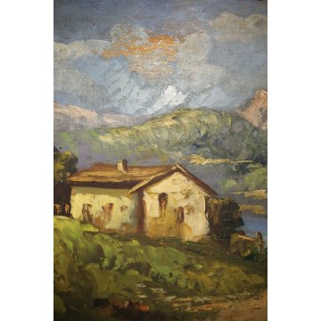ANTICO QUADRO DIPINTO OLIO PAESAGGIO MONTAGNA LAGO CASALE MACCHIAIOLO CORNICE