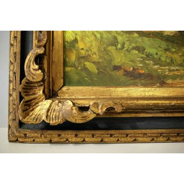 ANTICO QUADRO DIPINTO OLIO PAESAGGIO MONTAGNA LAGO CASALE MACCHIAIOLO CORNICE