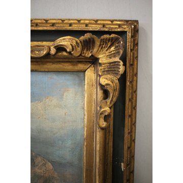 ANTICO QUADRO DIPINTO OLIO PAESAGGIO MONTAGNA LAGO CASALE MACCHIAIOLO CORNICE