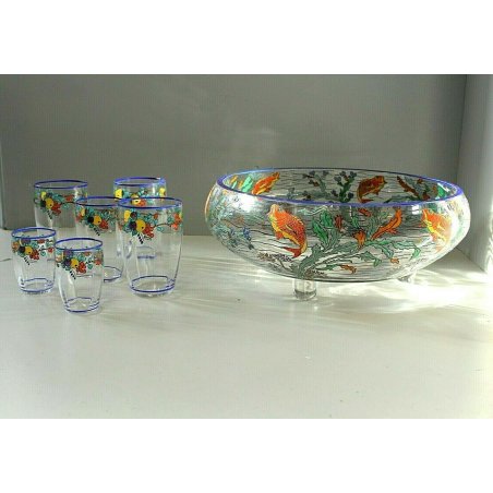 ANTICO CENTROTAVOLA BOWL 6 BICCHIERI CRISTALLO Sevres SMALTO  ART DECO' 1930