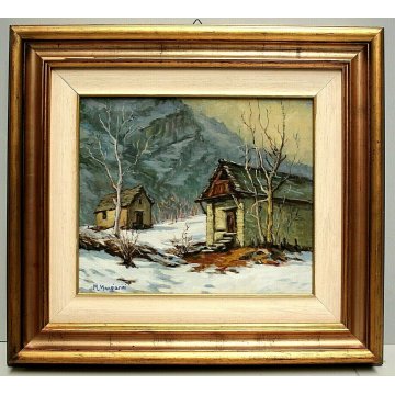 QUADRO OLIO TELA M. Mangiarini PAESAGGIO MONTANO Baite a Cadarese NEVE PREMIA